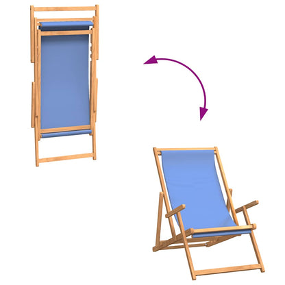Teak Folding Beach Chair - Solid Wood, Blue Upholstery