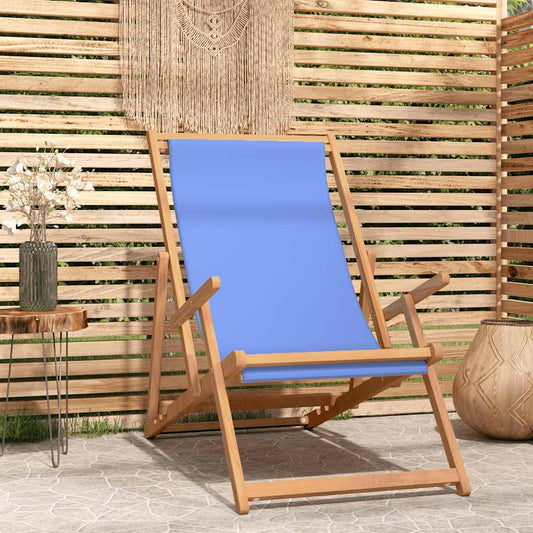 Teak Folding Beach Chair - Solid Wood, Blue Upholstery