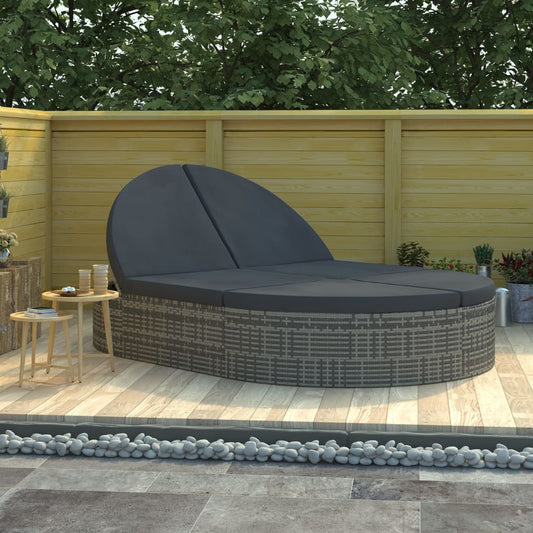 2-Person Grey Poly Rattan Sun Lounger with Cushions