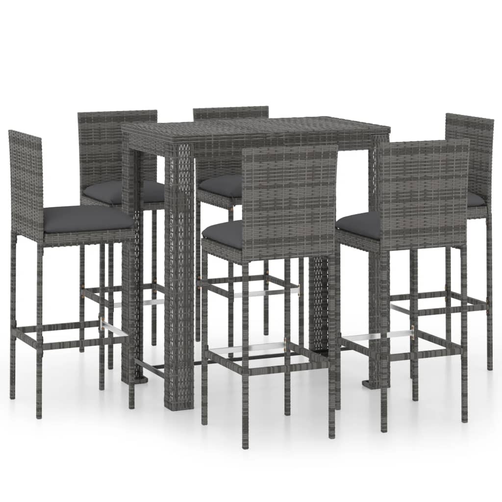 7 Piece Garden Bar Set with Cushions Poly Rattan Grey
