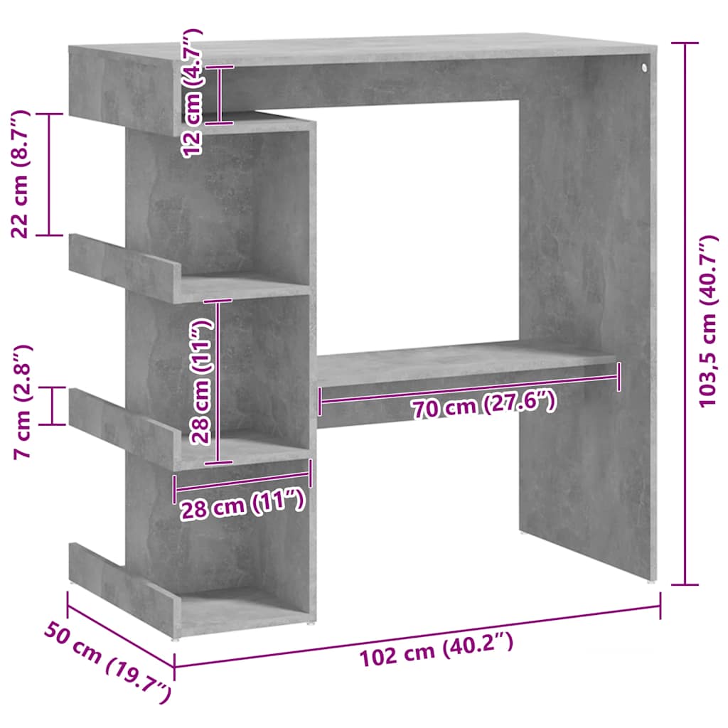 Concrete Grey Bar Table with Storage Rack, Engineered Wood, 100cm