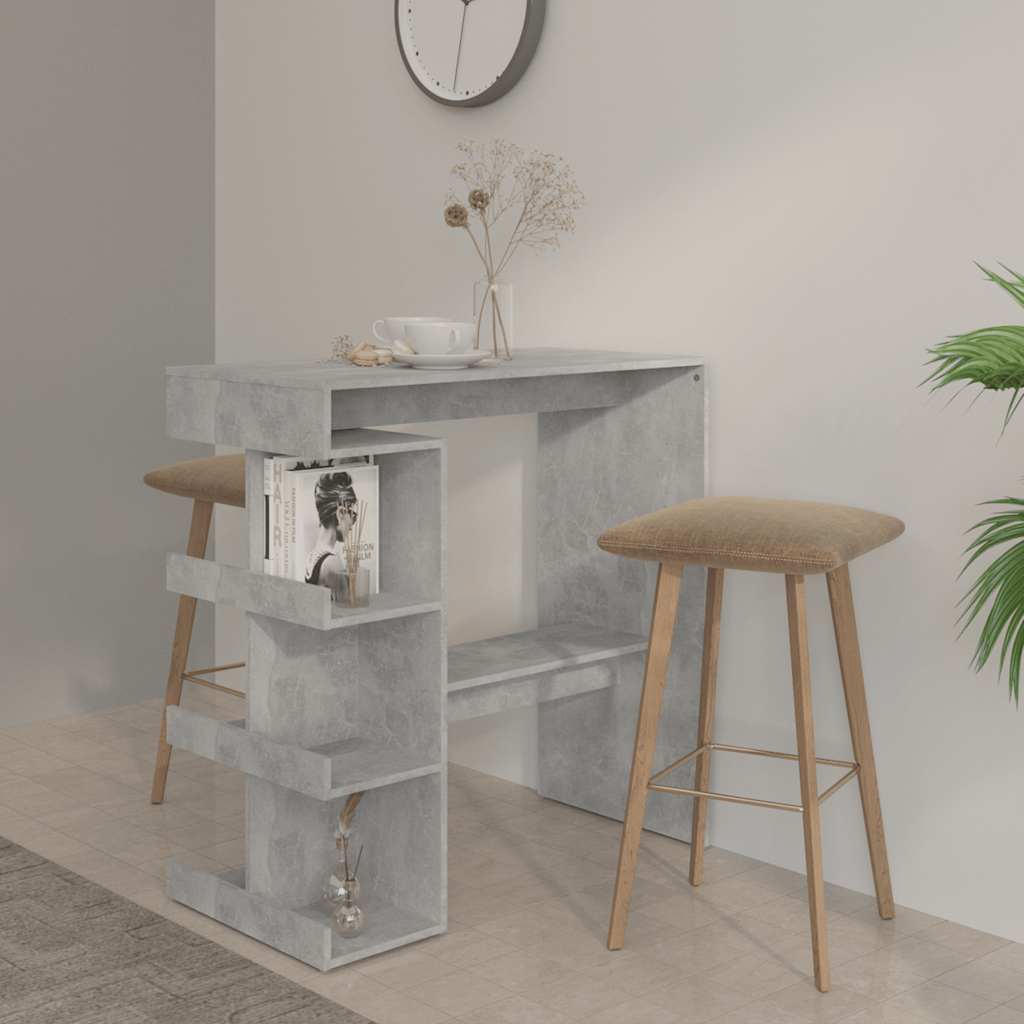 Concrete Grey Bar Table with Storage Rack, Engineered Wood, 100cm