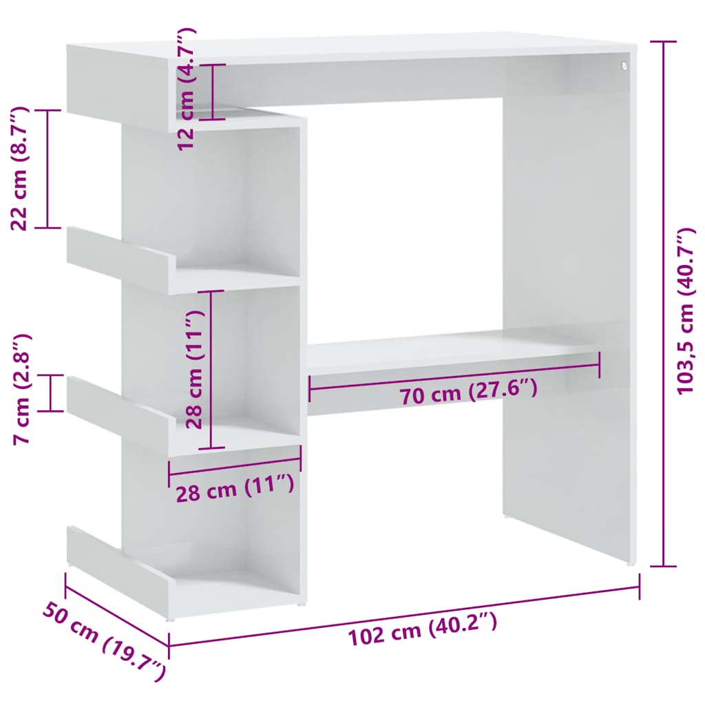 High Gloss White Bar Table with Storage Rack, 100x50x101.5 cm