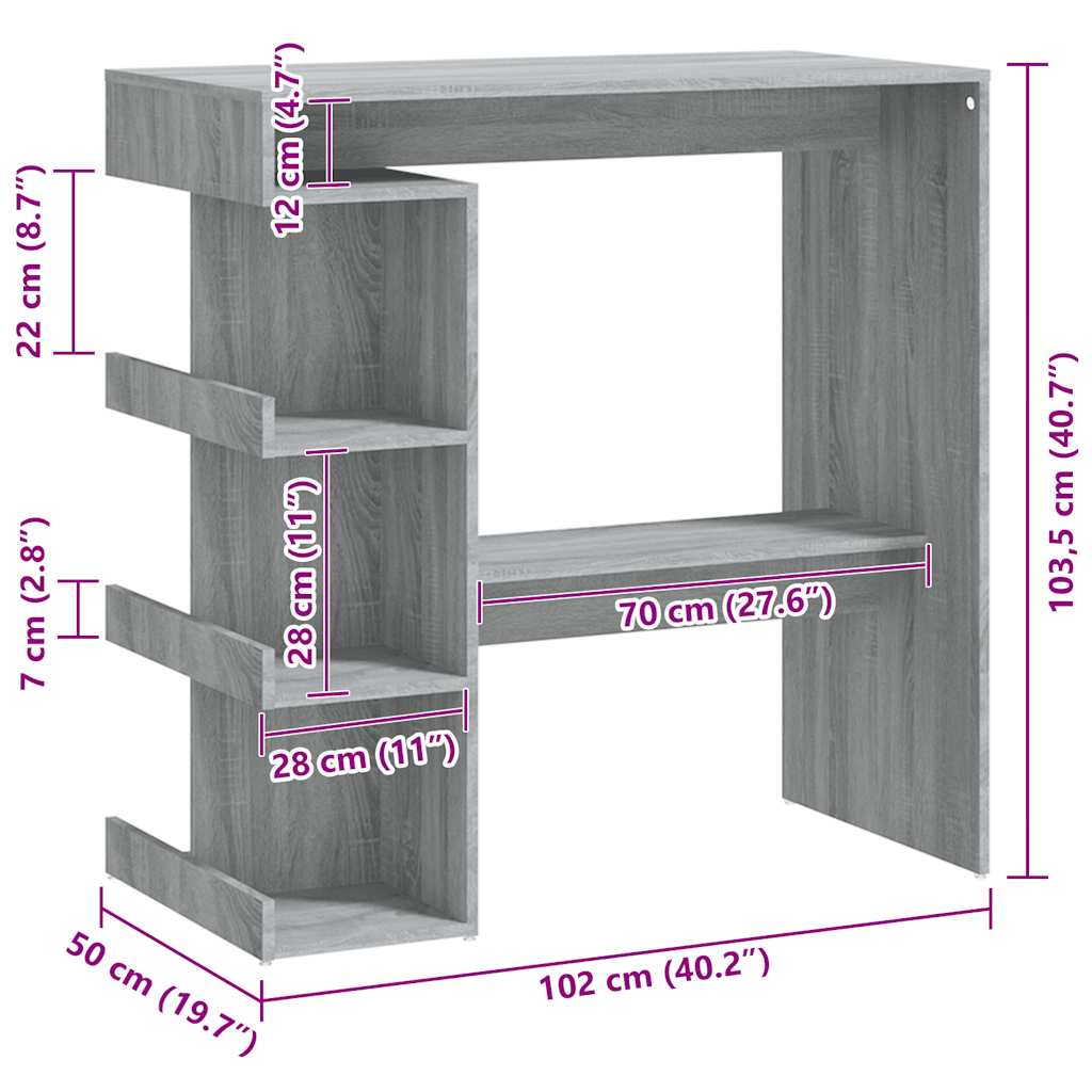 Grey Sonoma Bar Table with Storage Rack - 100x50x101.5 cm