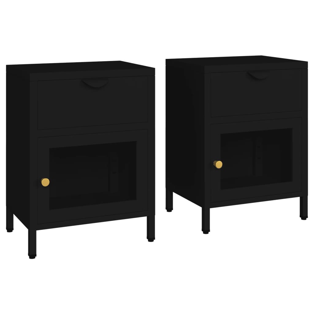 Black Steel & Glass Nightstands, Set of 2 – 40x30x54.5 cm