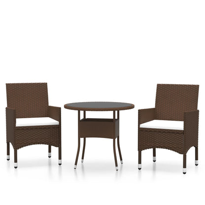 3 Piece Garden Bistro Set Poly Rattan and Tempered Glass Brown