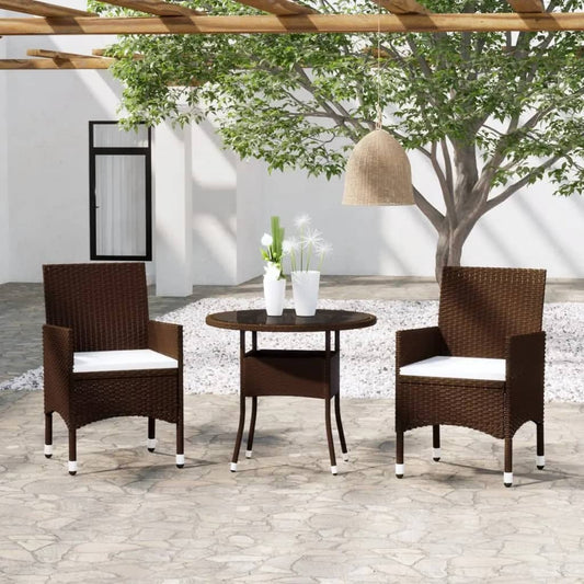 3 Piece Garden Bistro Set Poly Rattan and Tempered Glass Brown