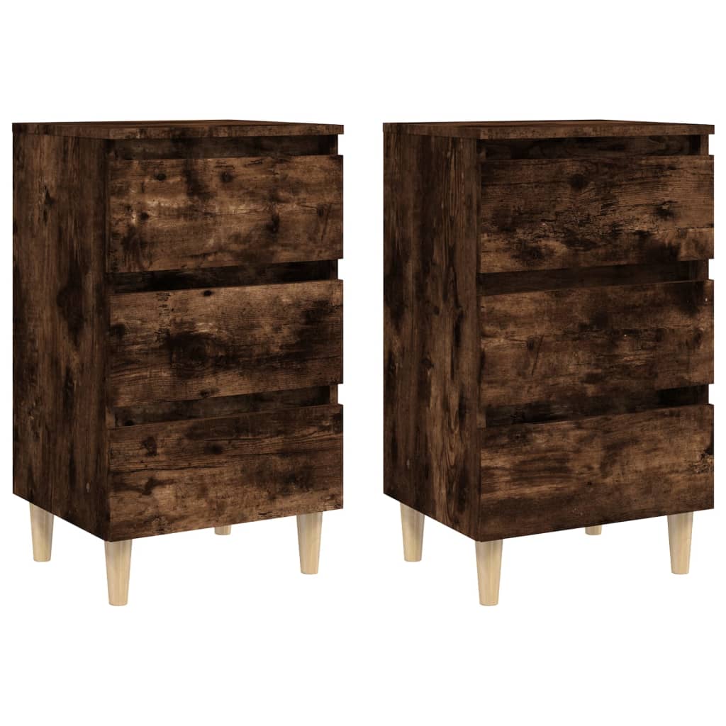 Smoked Oak Bed Cabinets 2-Piece Set with Solid Wood Legs