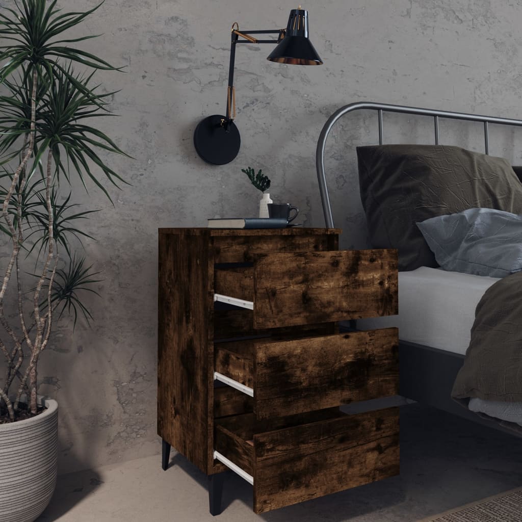 Smoked Oak Bed Cabinet with Metal Legs - 40x35x69 cm