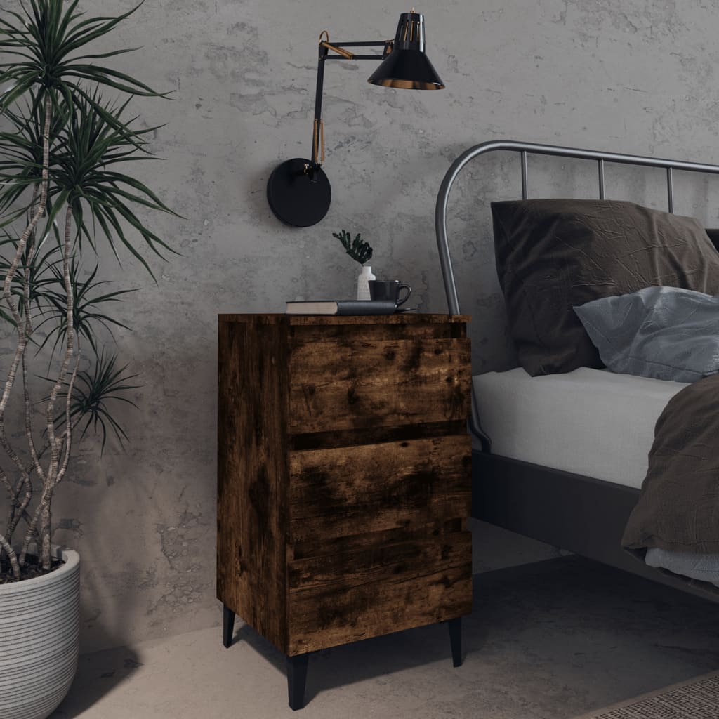 Smoked Oak Bed Cabinet with Metal Legs - 40x35x69 cm