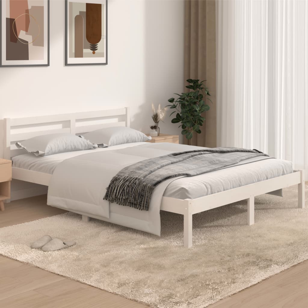 Solid Pine Bed Frame 140x190cm - White Finish, No Mattress Included