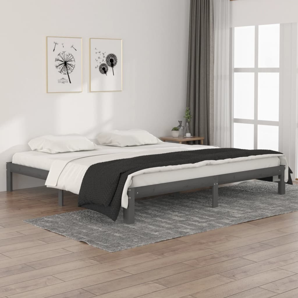 Solid Wood Pine Grey Bed Frame 200x200cm - Mattress Not Included