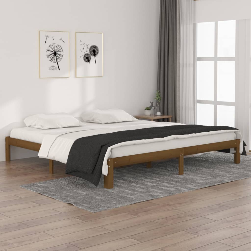 Solid Wood Pine Bed Frame 200x200cm, Honey Brown Finish