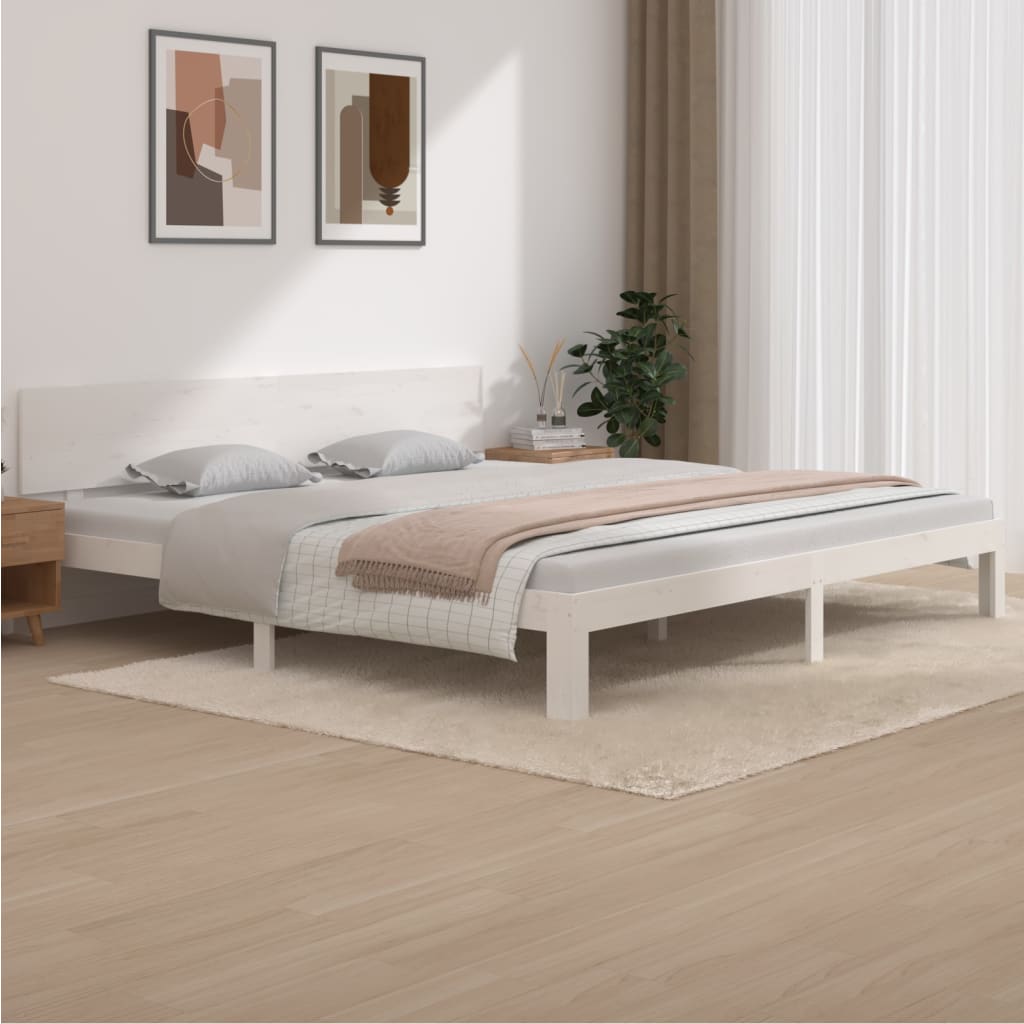 White Solid Pine Wood Bed Frame 200x200cm - No Mattress Included