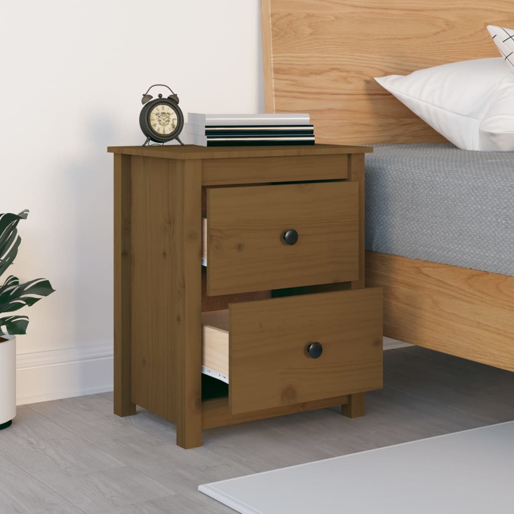 Honey Brown Pine Bedside Cabinet - Solid Wood, 50x35x61.5 cm