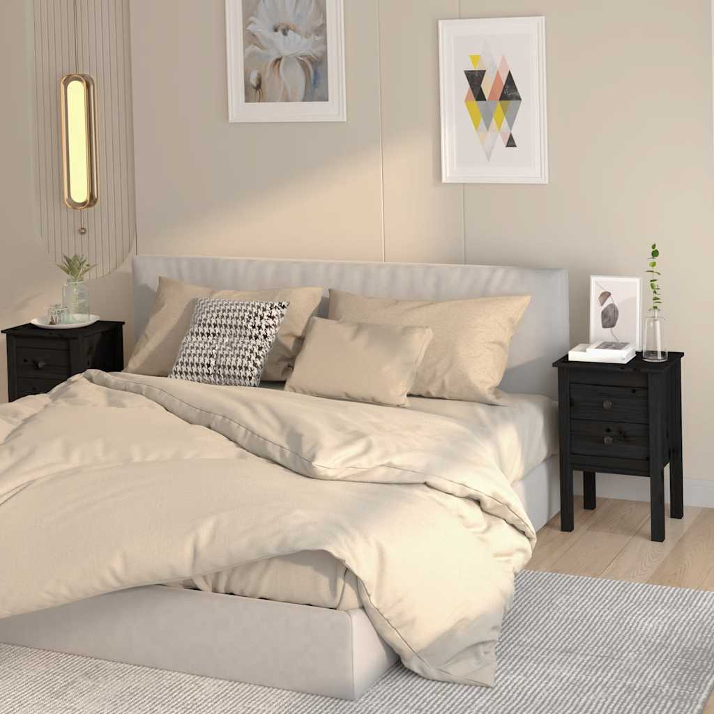 Black Solid Pine Bedside Cabinets - Set of 2, 40x35x61.5 cm