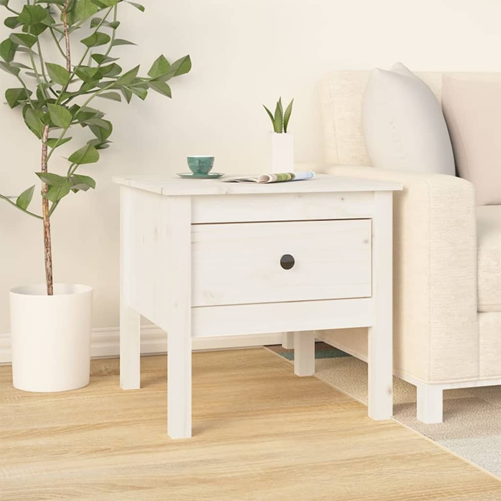 Solid Pine Wood Side Table - White, 50x50x49 cm