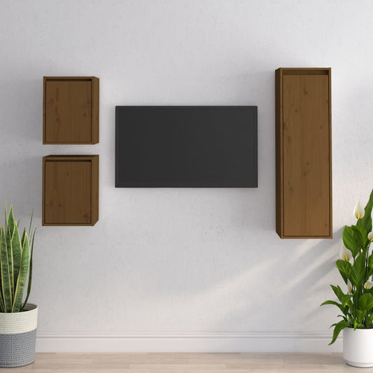 TV Cabinets 3 pcs Honey Brown Solid Wood Pine