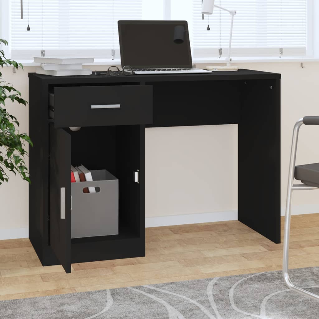 Black Engineered Wood Desk with Drawer & Cabinet, 100x40x73 cm