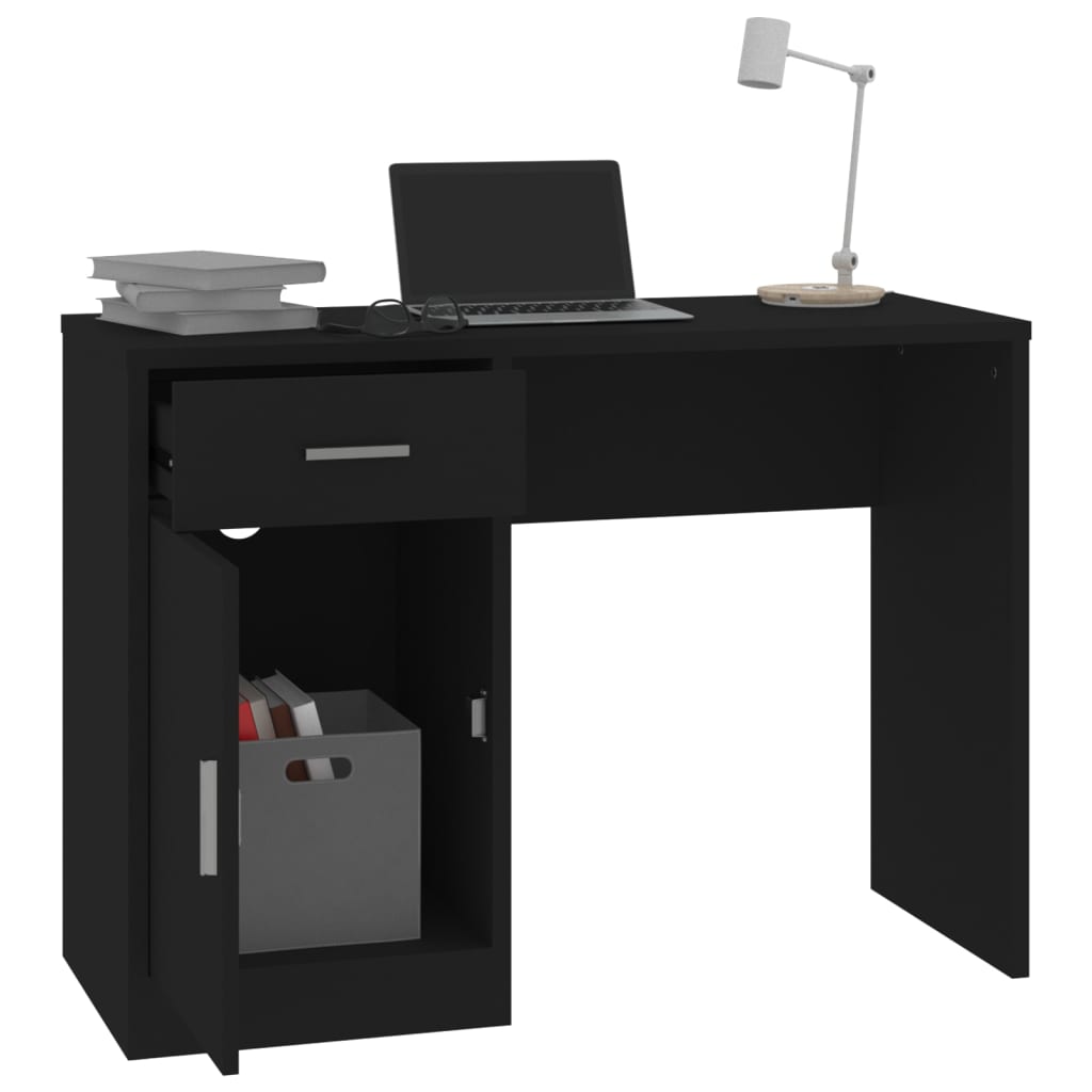Black Engineered Wood Desk with Drawer & Cabinet, 100x40x73 cm