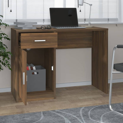 Brown Oak Desk with Drawer & Cabinet - 100x40x73 cm Engineered Wood