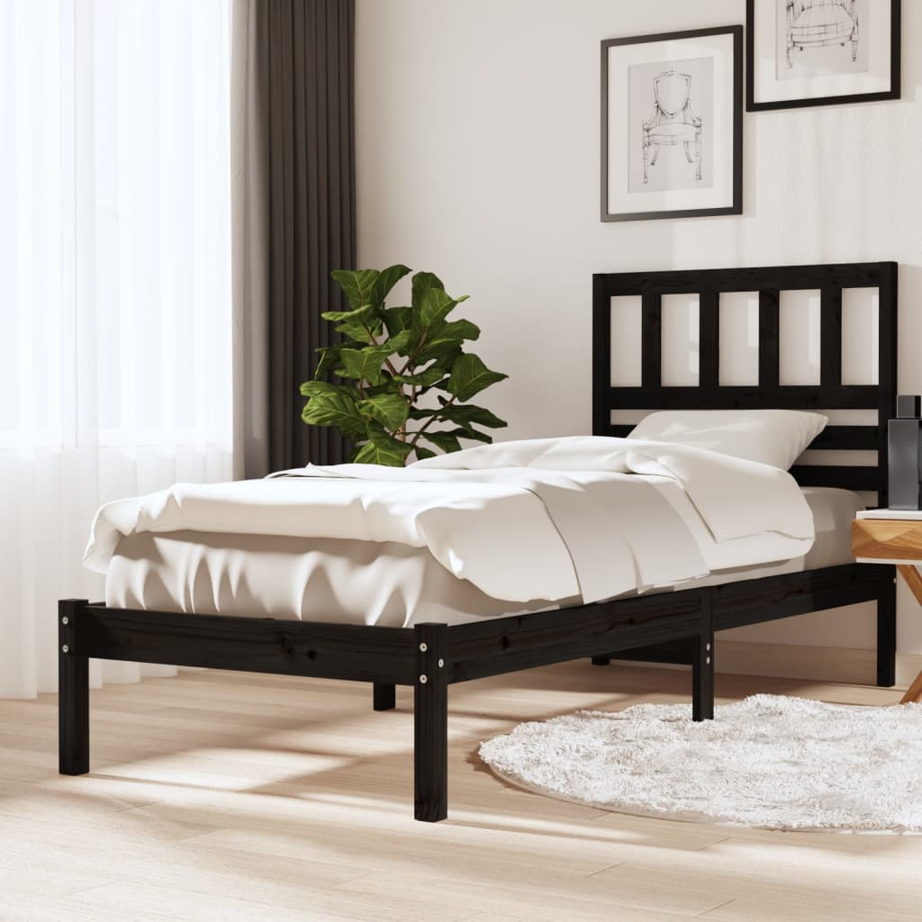 Black Solid Pine Wood Bed Frame 100x200 cm - No Mattress Included