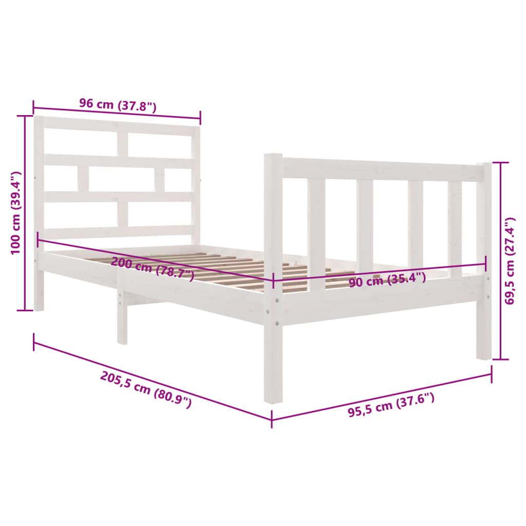 Solid Wood White Bed Frame 90x200 cm | vidaXL (No Mattress)