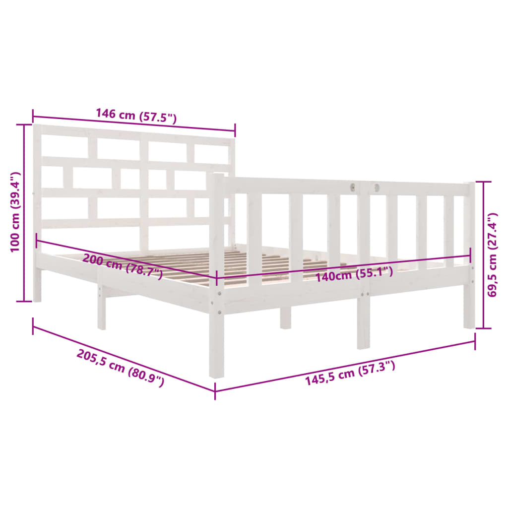White Solid Wood Bed Frame 140x200 cm by vidaXL - No Mattress Included