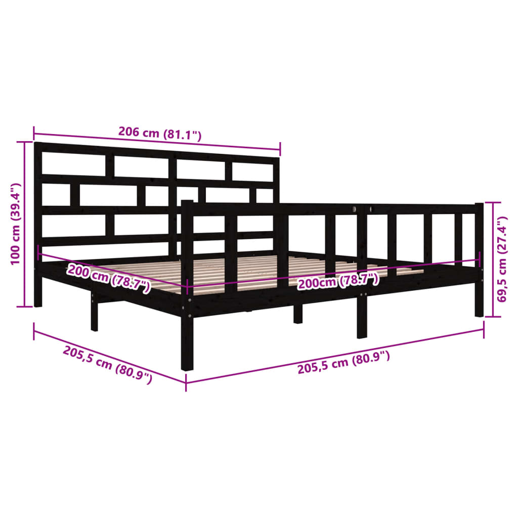 vidaXL Black Solid Wood Bed Frame 200x200 cm - No Mattress Included