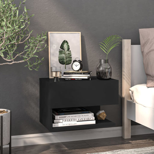 Sleek Black Wood Wall-Mounted Bedside Cabinet for Modern Homes
