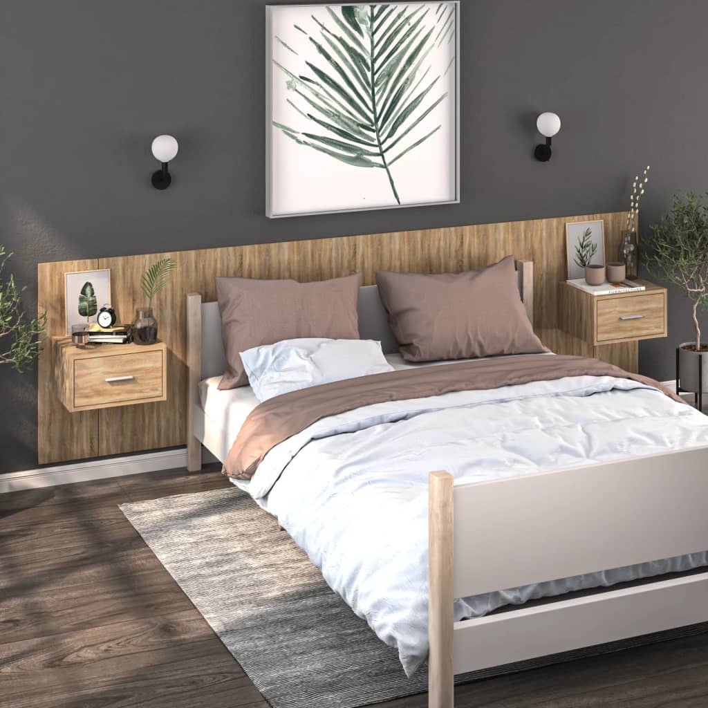 Modern Wall-Mounted Bedside Cabinet in Sonoma Oak Finish
