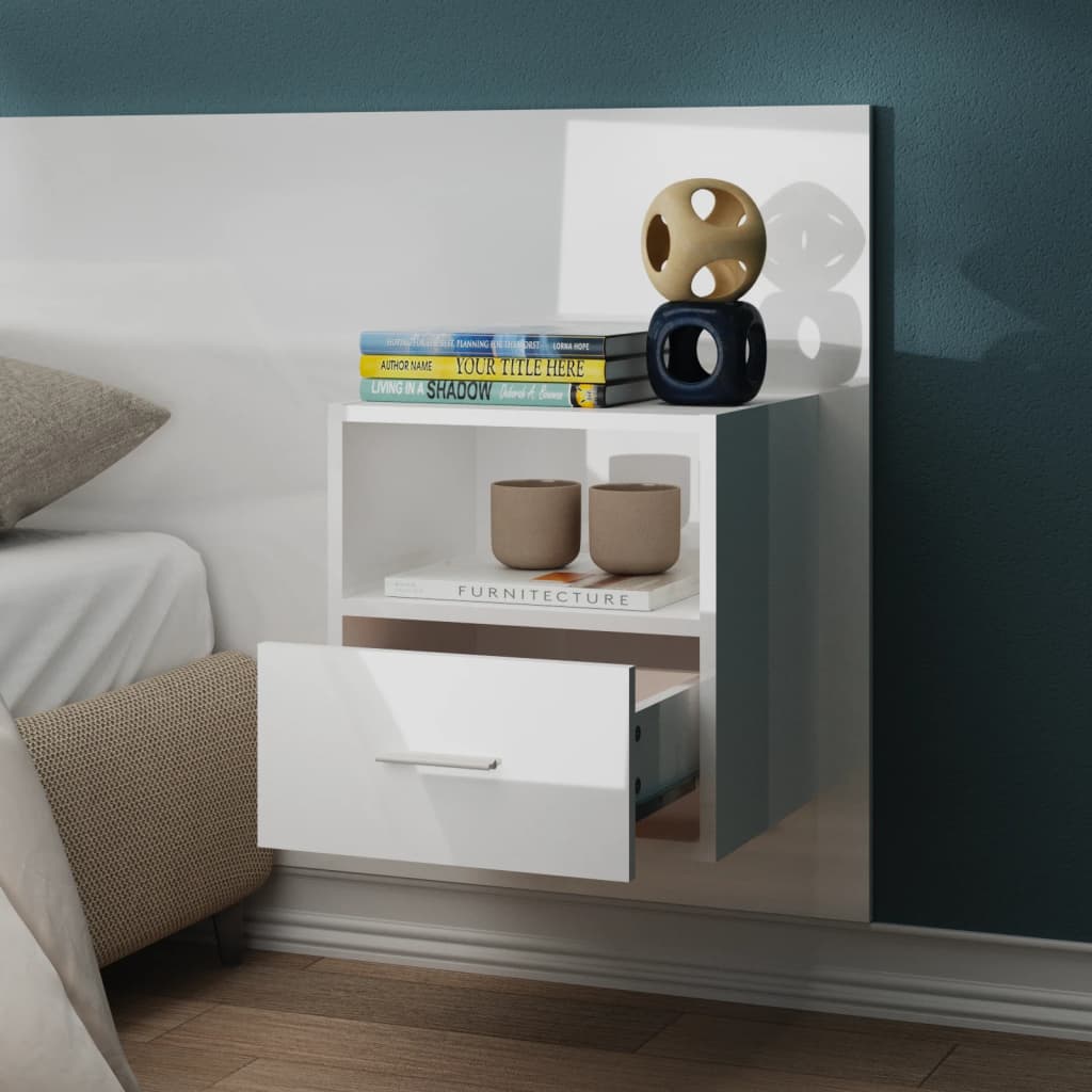 High Gloss White Wall-Mounted Bedside Cabinet - Modern Design