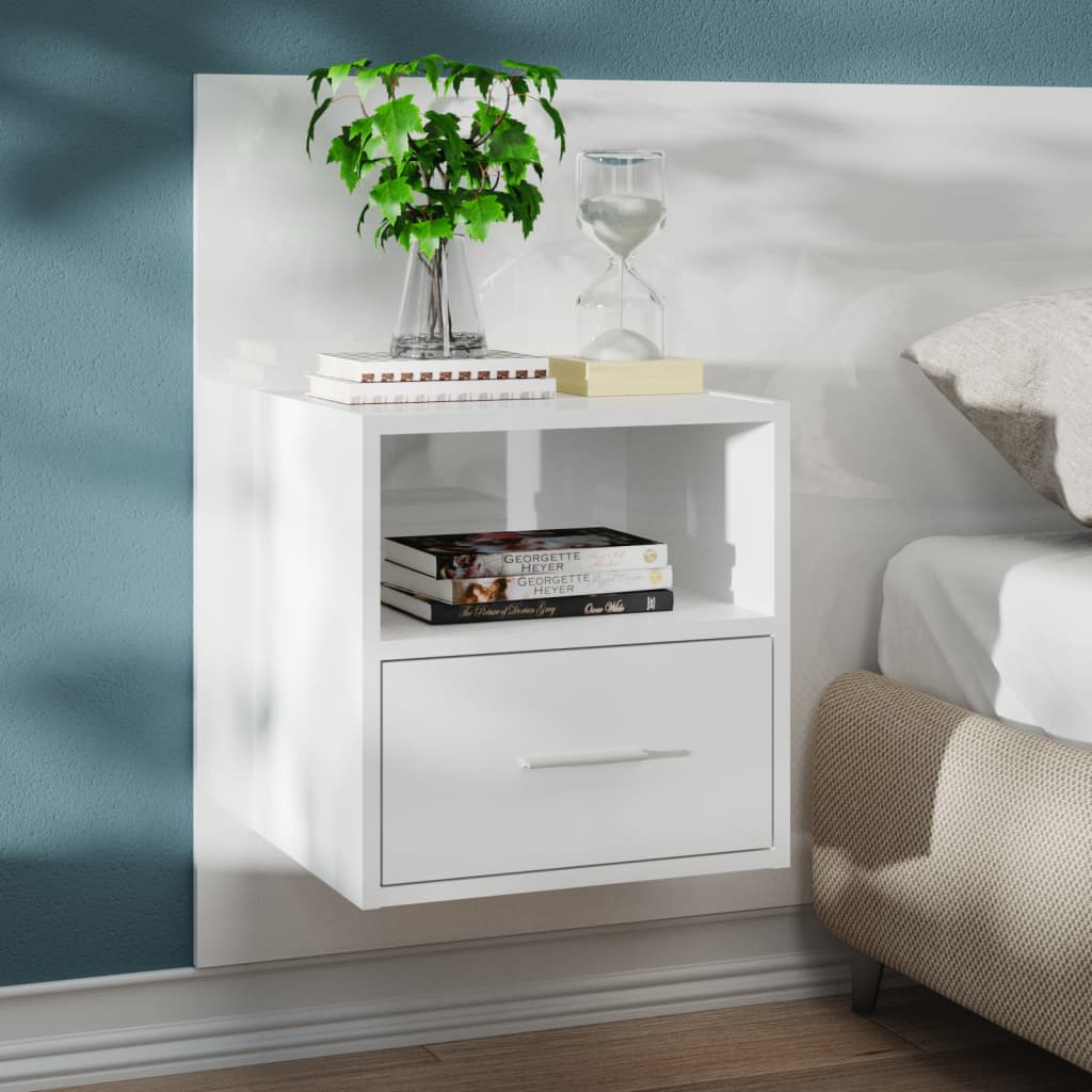 High Gloss White Wall-Mounted Bedside Cabinet - Modern Design