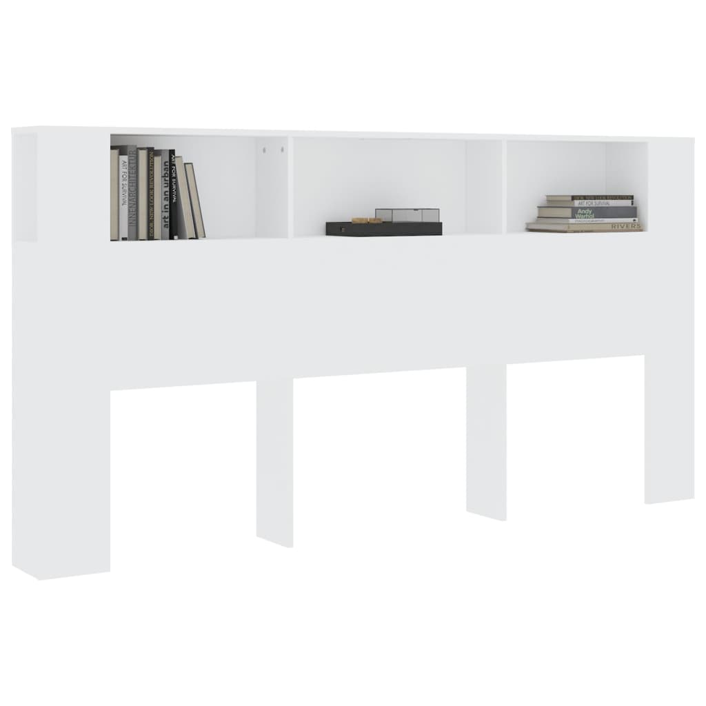 Sleek White Wood Headboard Cabinet - 200x18.5x104.5 cm