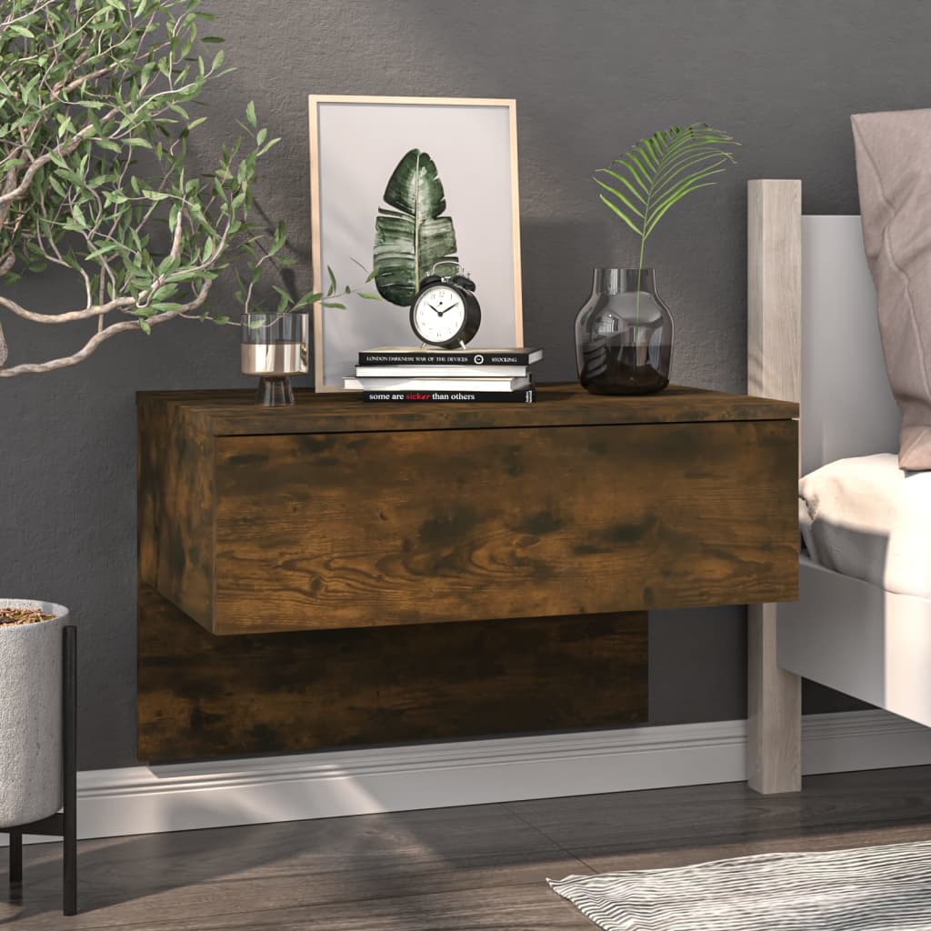 Smoked Oak Wall-Mounted Bedside Cabinet - Stylish & Space-Saving