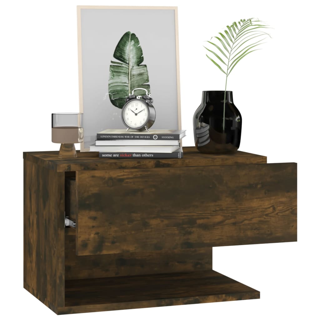 Smoked Oak Wall-Mounted Bedside Cabinet - Stylish & Space-Saving