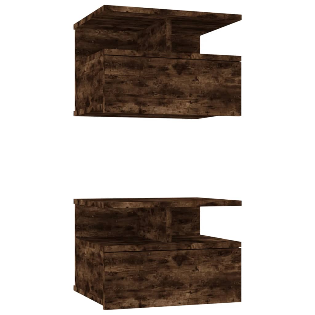 Set of 2 Smoked Oak Floating Nightstands - 40x31x27cm Engineered Wood