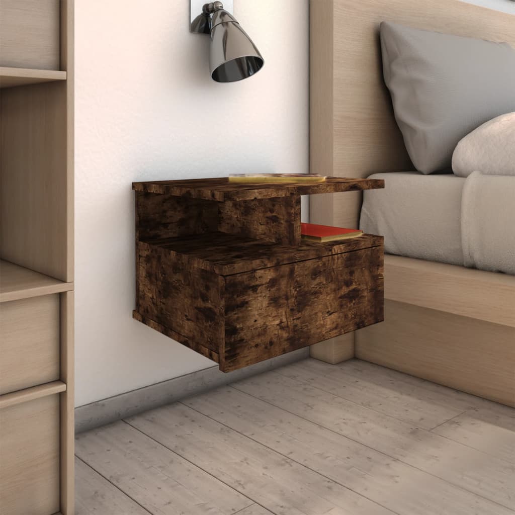 Set of 2 Smoked Oak Floating Nightstands - 40x31x27cm Engineered Wood