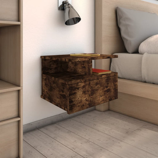 Set of 2 Smoked Oak Floating Nightstands - 40x31x27cm Engineered Wood