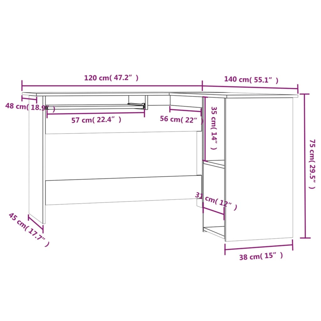 Brown Oak Engineered Wood Corner Desk 120x140x75 cm