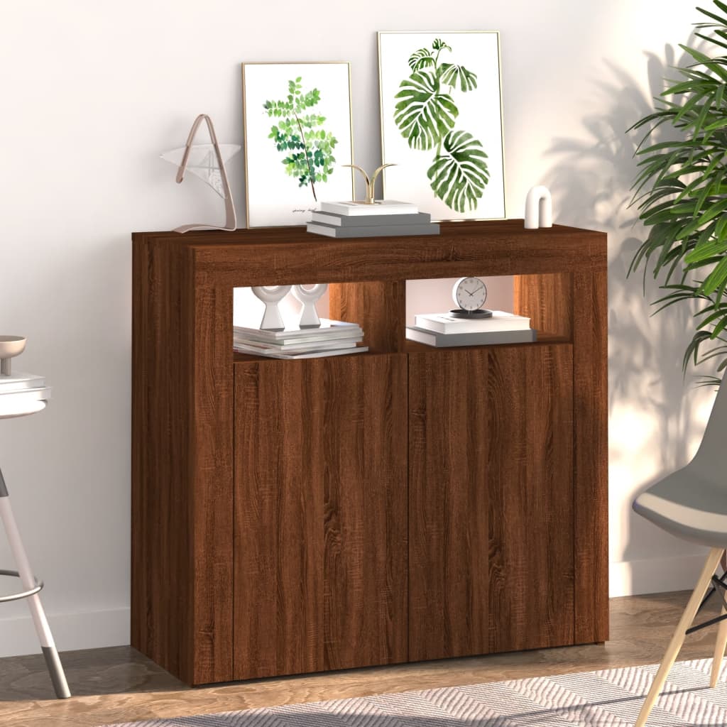 Sideboard with LED Lights Brown Oak 80x35x75 cm