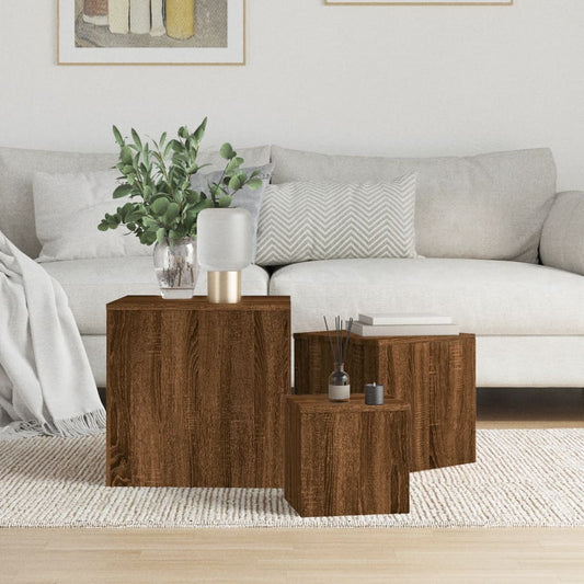 3-Piece Brown Oak Engineered Wood Side Table Set