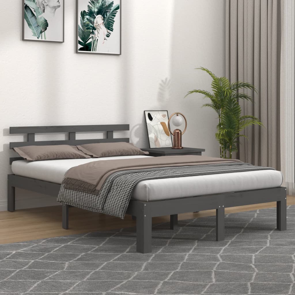 Solid Wood Grey King Size Bed Frame 150x200 cm - No Mattress