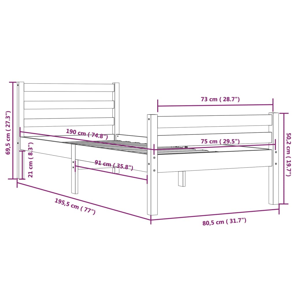 Honey Brown Solid Wood Small Single Bed Frame 75x190 cm
