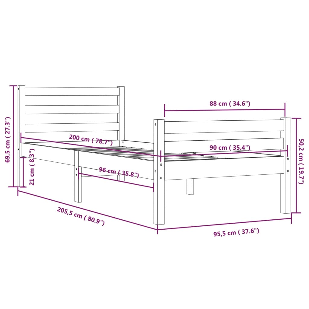 Solid Wood Bed Frame 90x200 cm - Natural Finish, No Mattress