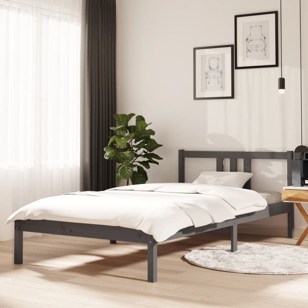 Grey Solid Wood Bed Frame - 100x200 cm - Mattress Not Included