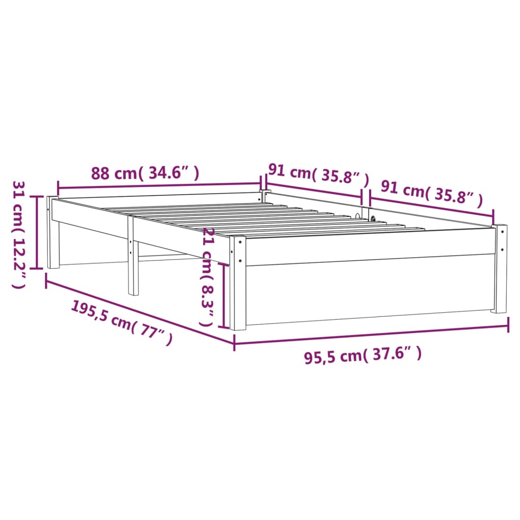 Solid Wood White Bed Frame - Single 90x190 cm | No Mattress