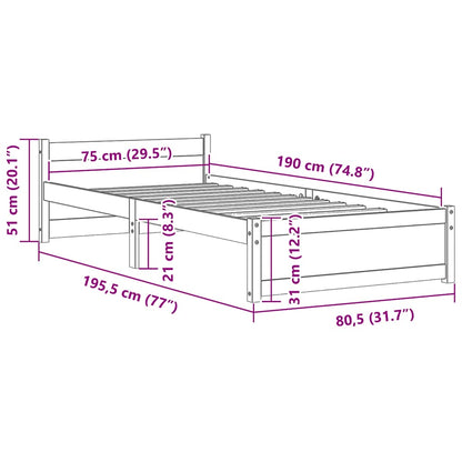 Solid Wood Bed Frame Small Single 75x190 cm - No Mattress