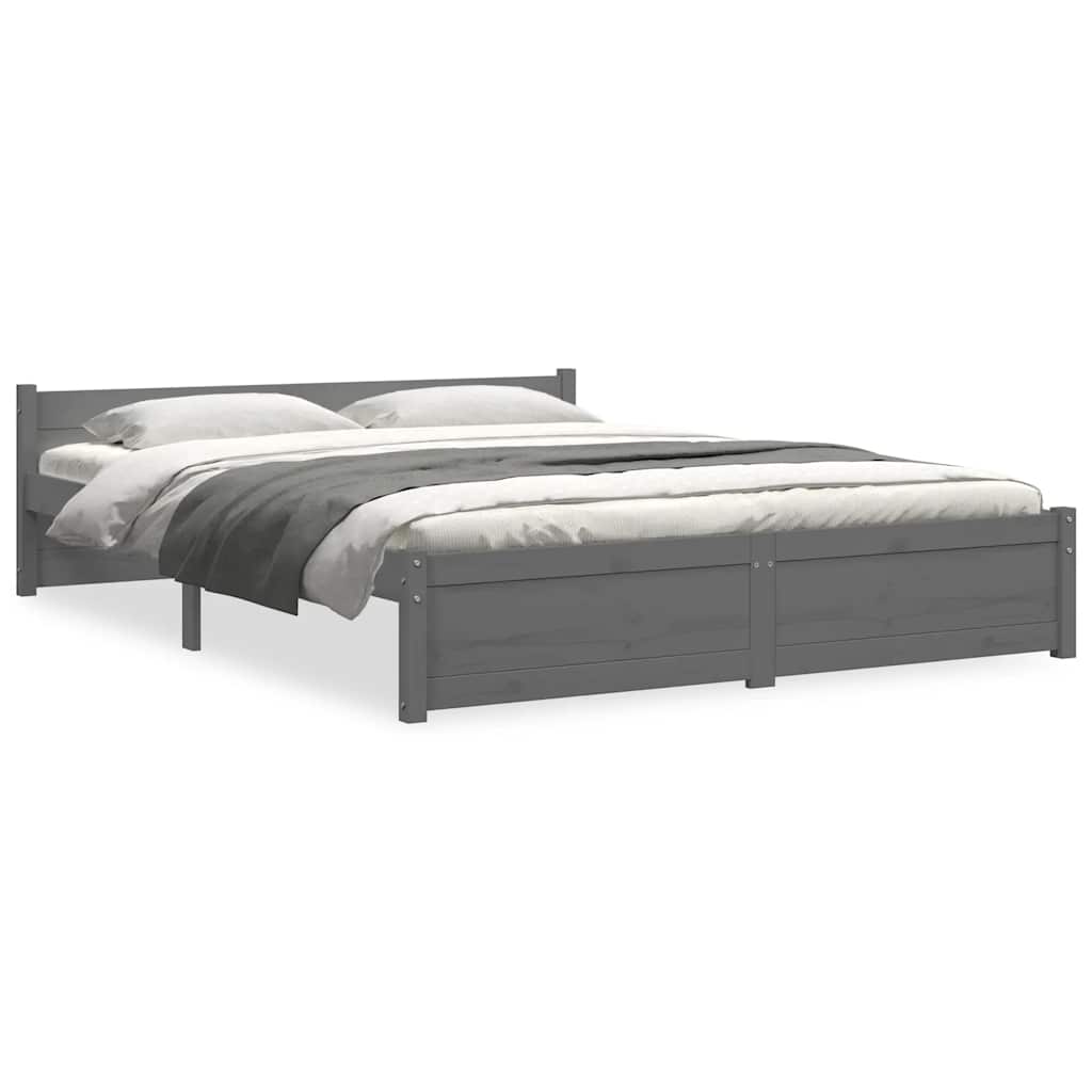 Solid Wood Grey Double Bed Frame 135x190 cm - No Mattress