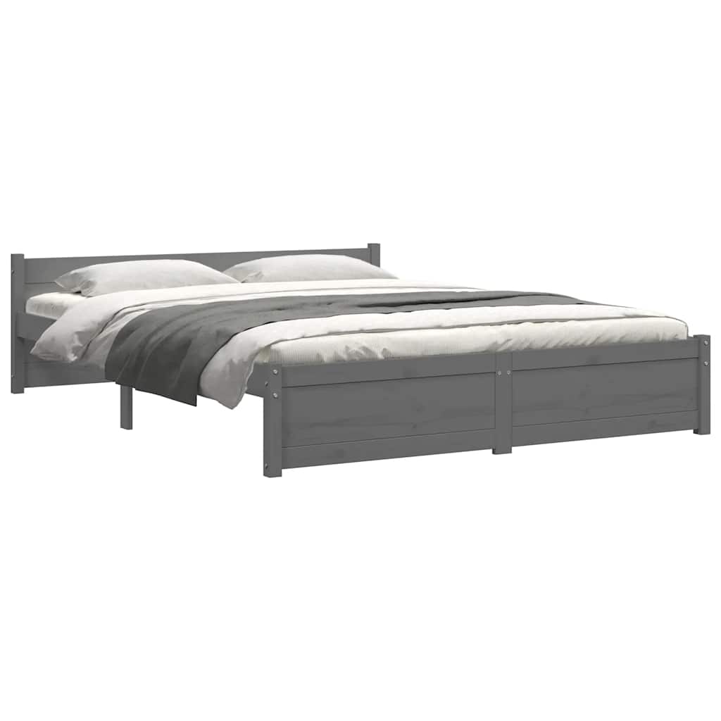 Solid Wood Grey Double Bed Frame 135x190 cm - No Mattress
